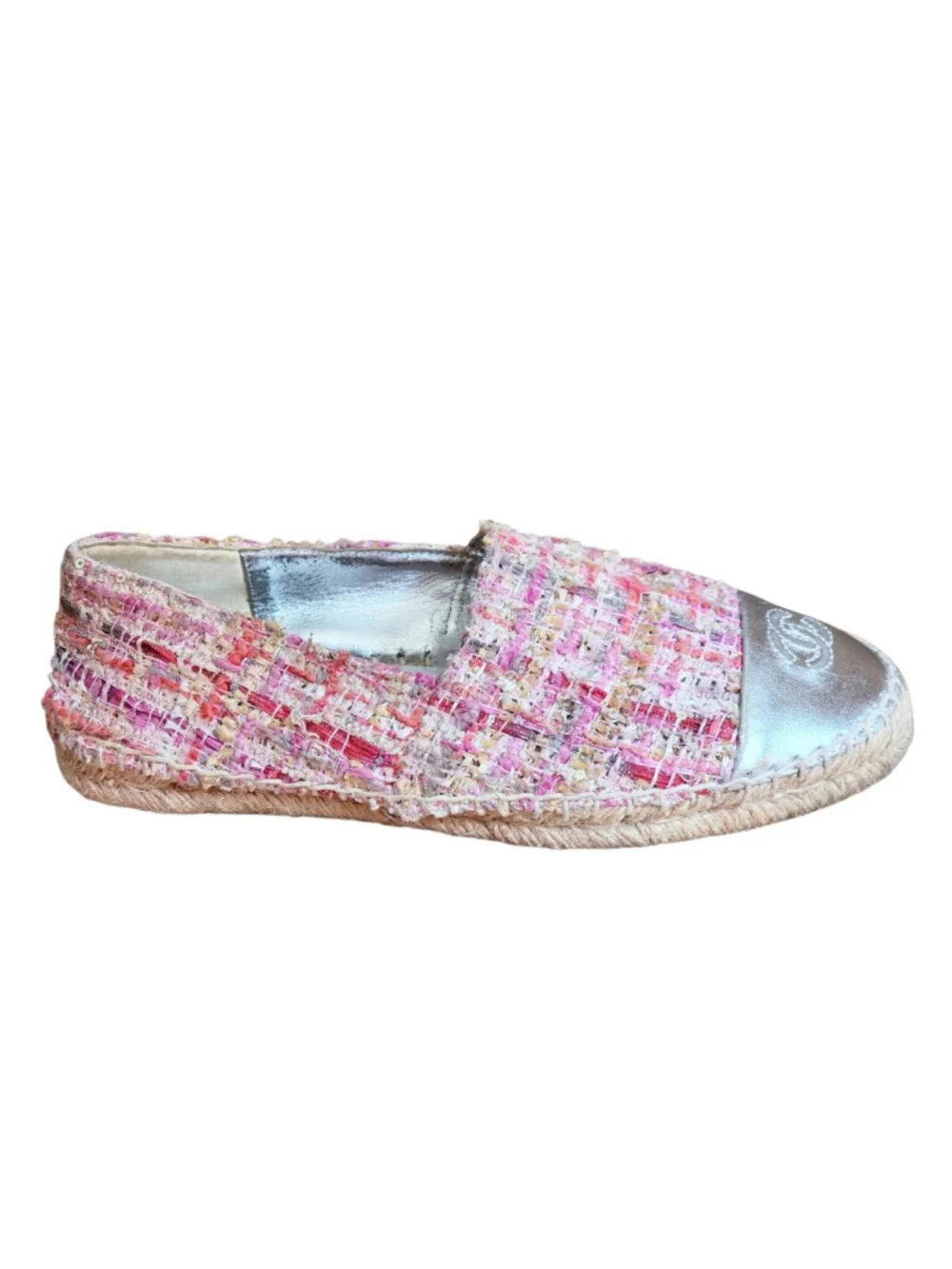 CHANEL Tweed Espadrilles Silver Metallic Cap Toe Flats Size‎ 36 6 Pink